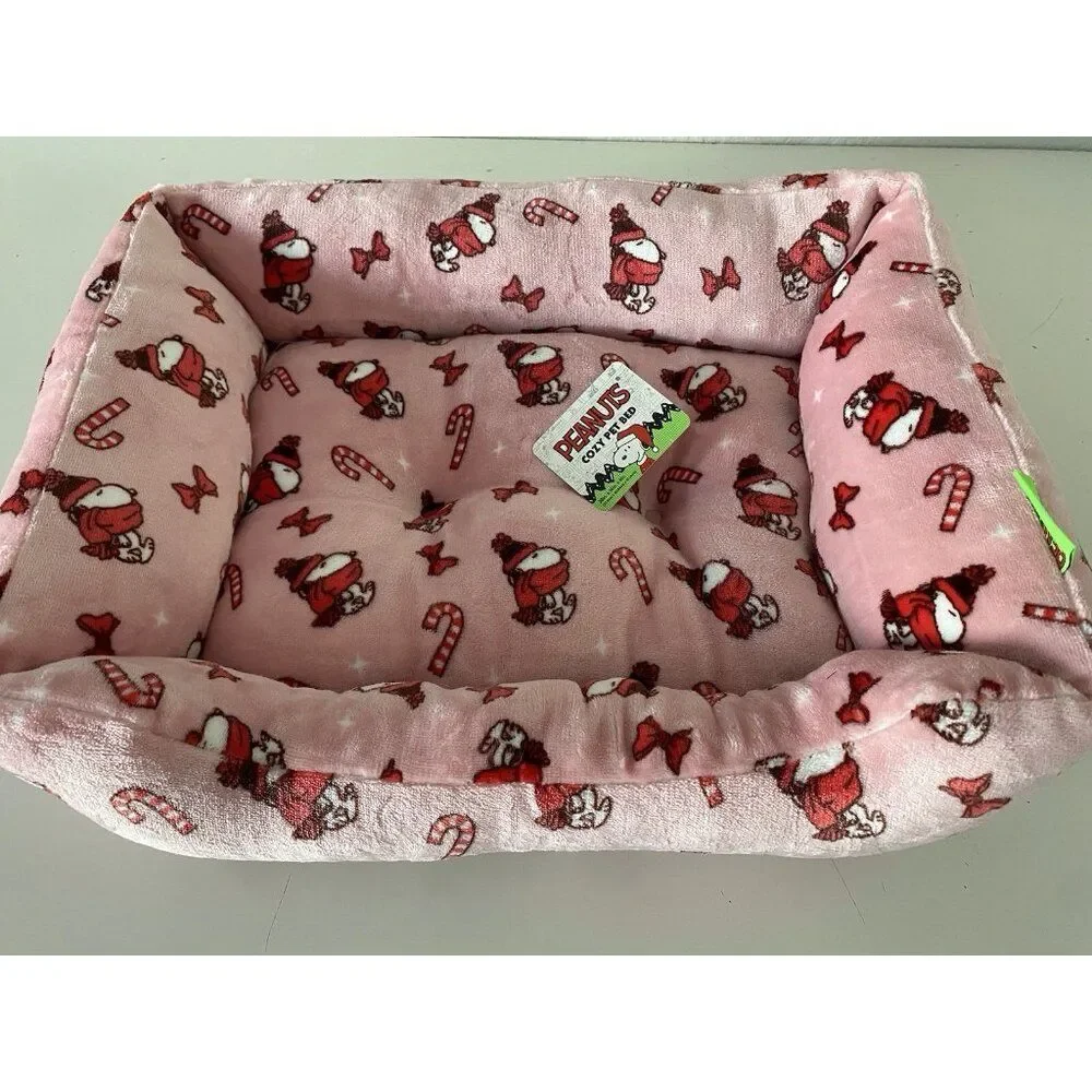 Peanuts Snoopy Small Dog Cat Pet‎ Cozy Cuddler Bed Christmas Pink Candy Cane NEW